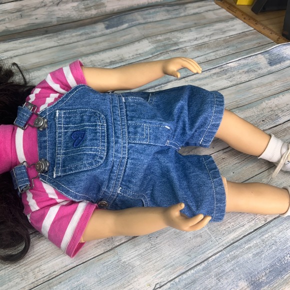 My Twinn Poseable Doll Brown Hair & Eyes Overalls Stripe Top Shoes - Picture 6 of 12